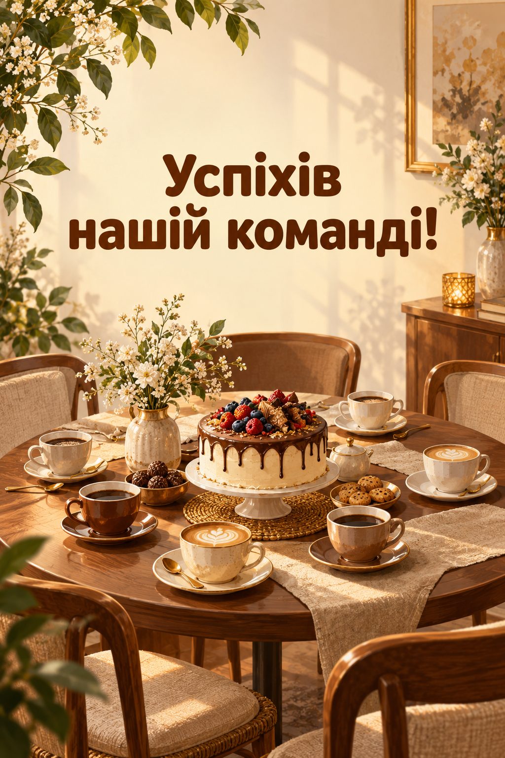 Листівка з днем народження колезі: круглий стіл із чашками кави й тортом, напис «Успіхів нашій команді!»