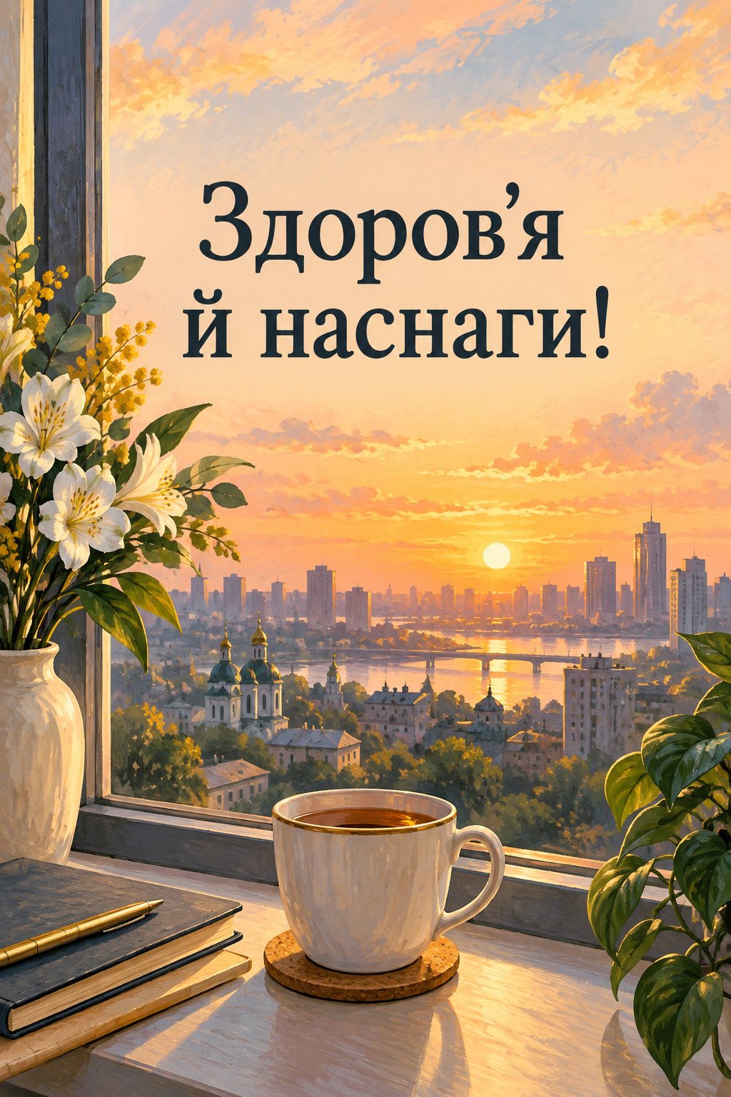 Листівка з днем народження колезі: світанок над містом із вікна офісу, напис «Здоров'я й наснаги!»