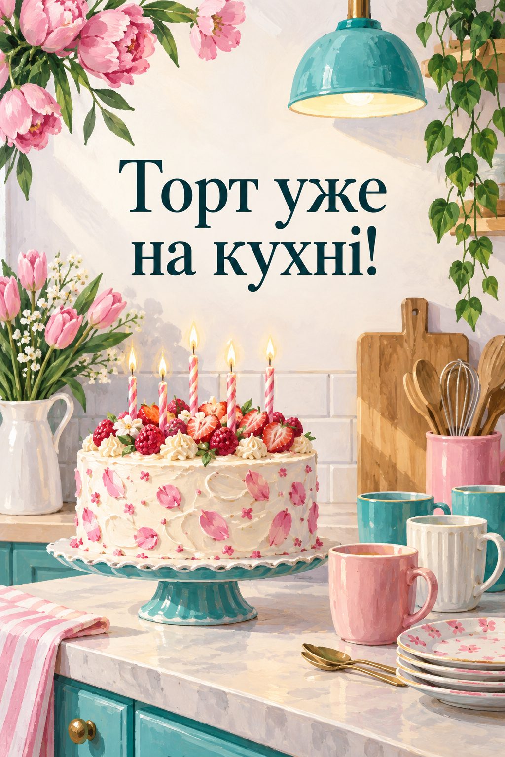 Листівка з днем народження колезі: торт зі свічками на офісній кухні, напис «Торт уже на кухні!»