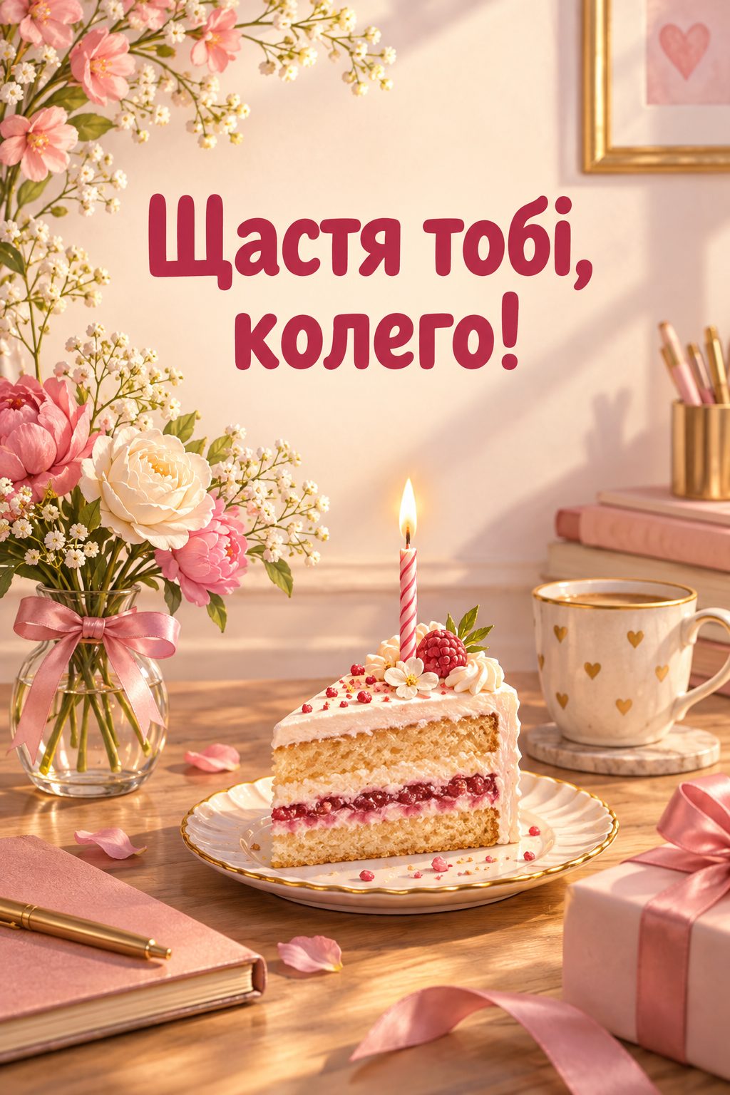 Листівка з днем народження колезі: шматок торта зі свічкою на робочому столі, напис «Щастя тобі, колего!»
