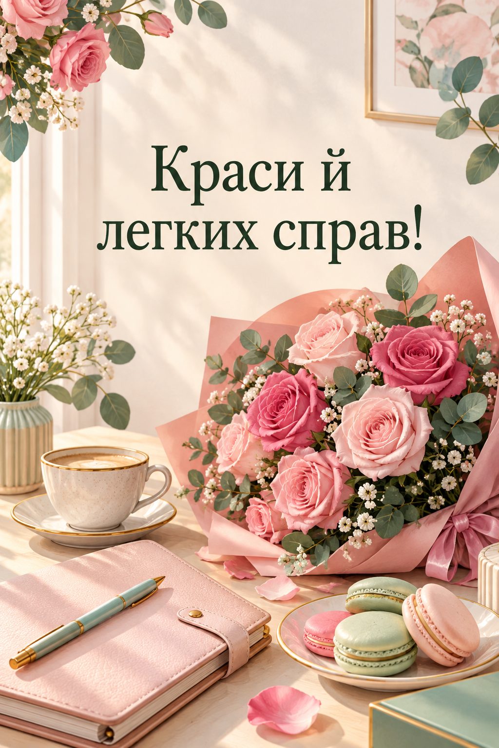 Листівка з днем народження колезі: троянди, планер і макаруни, напис «Краси й легких справ!»