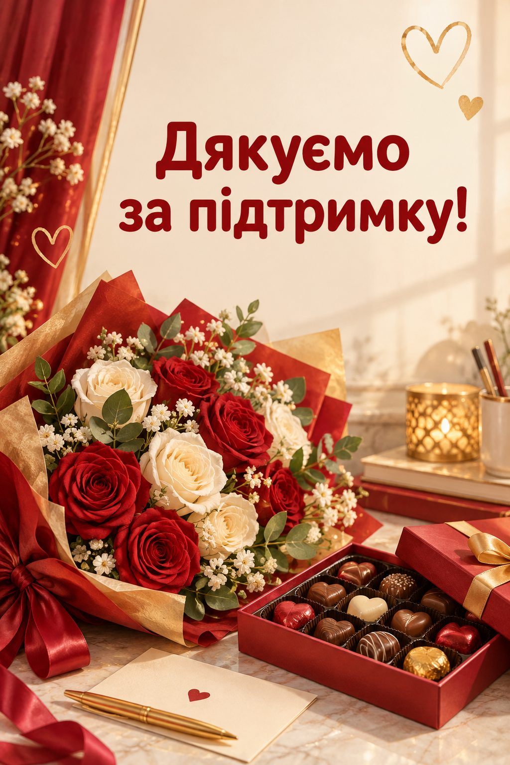 Листівка з днем народження колезі: букет і коробка цукерок на столі, напис «Дякуємо за підтримку!»