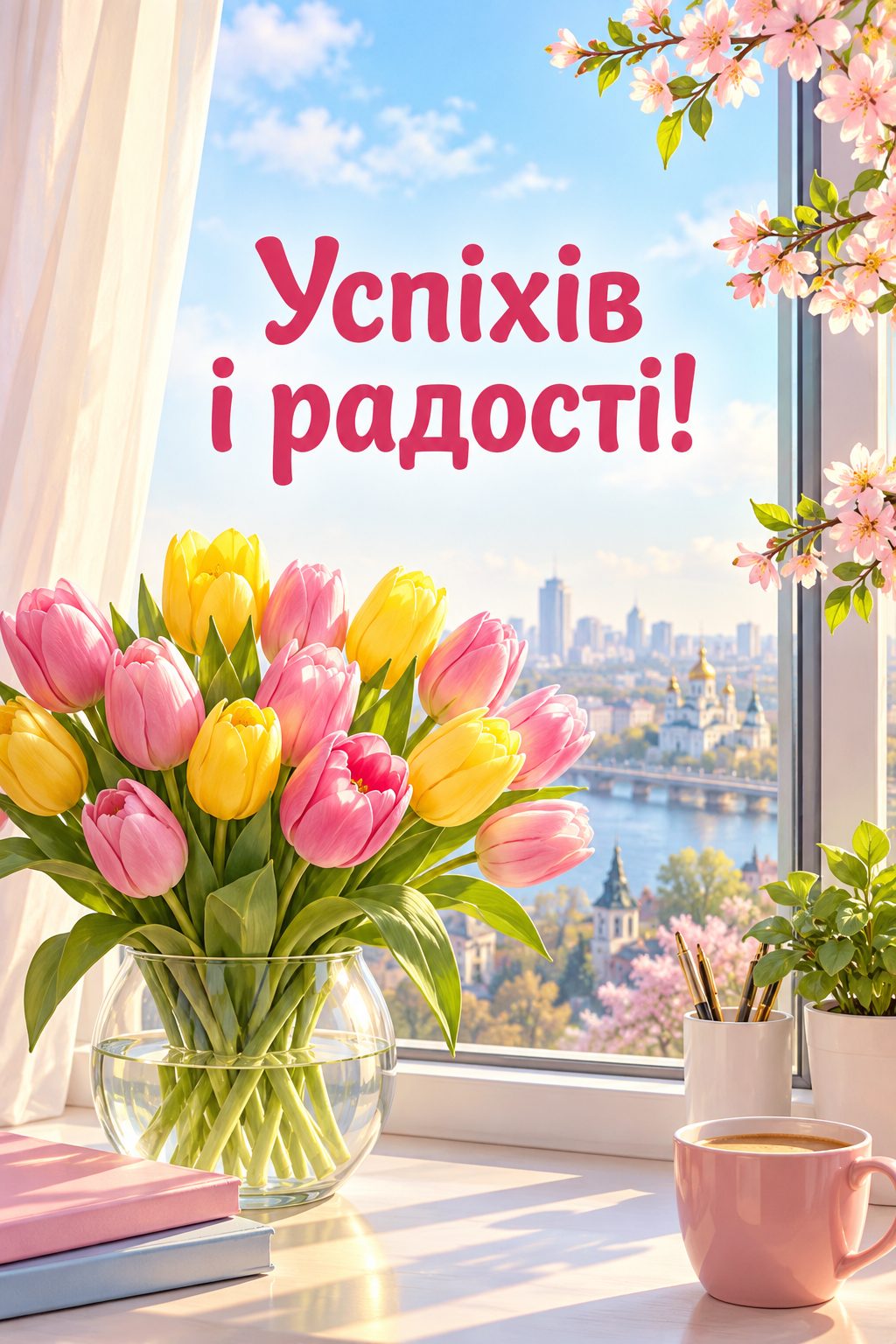 Листівка з днем народження колезі: тюльпани на офісному підвіконні, напис «Успіхів і радості!»