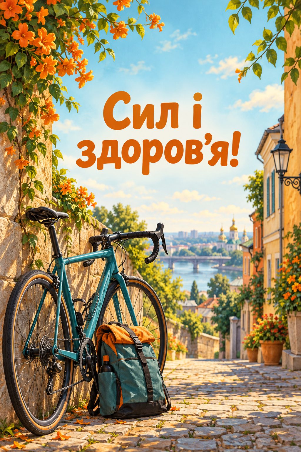 Листівка з днем народження колезі: велосипед і рюкзак на сонячній вулиці, напис «Сил і здоров'я!»