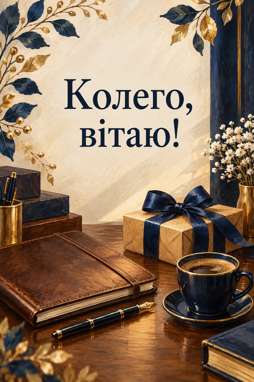 Листівка з днем народження колезі: шкіряний записник, ручка, кава й подарунок, напис «Колего, вітаю!»