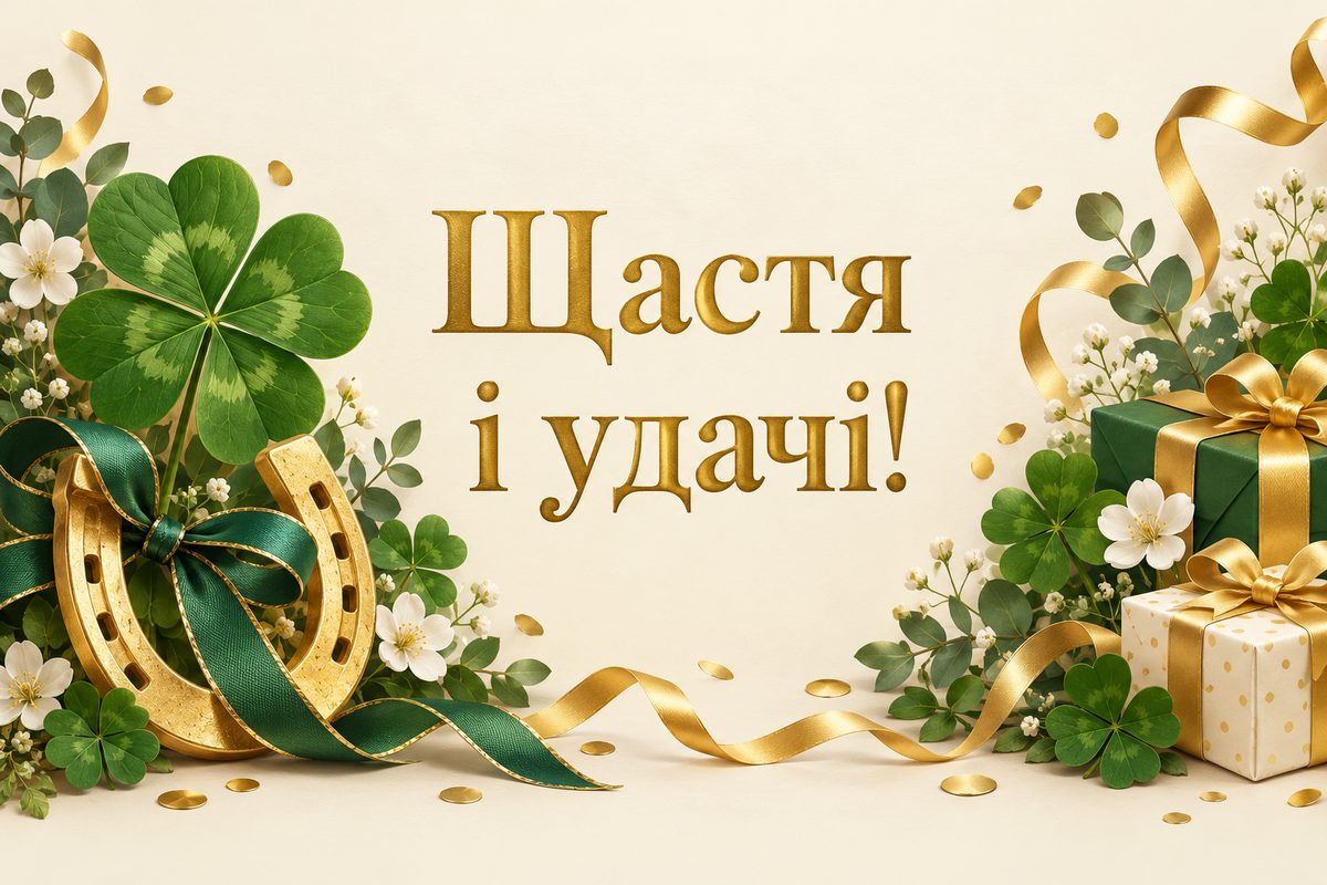 Листівка з днем народження: конюшина й підкова, напис «Щастя і удачі!»