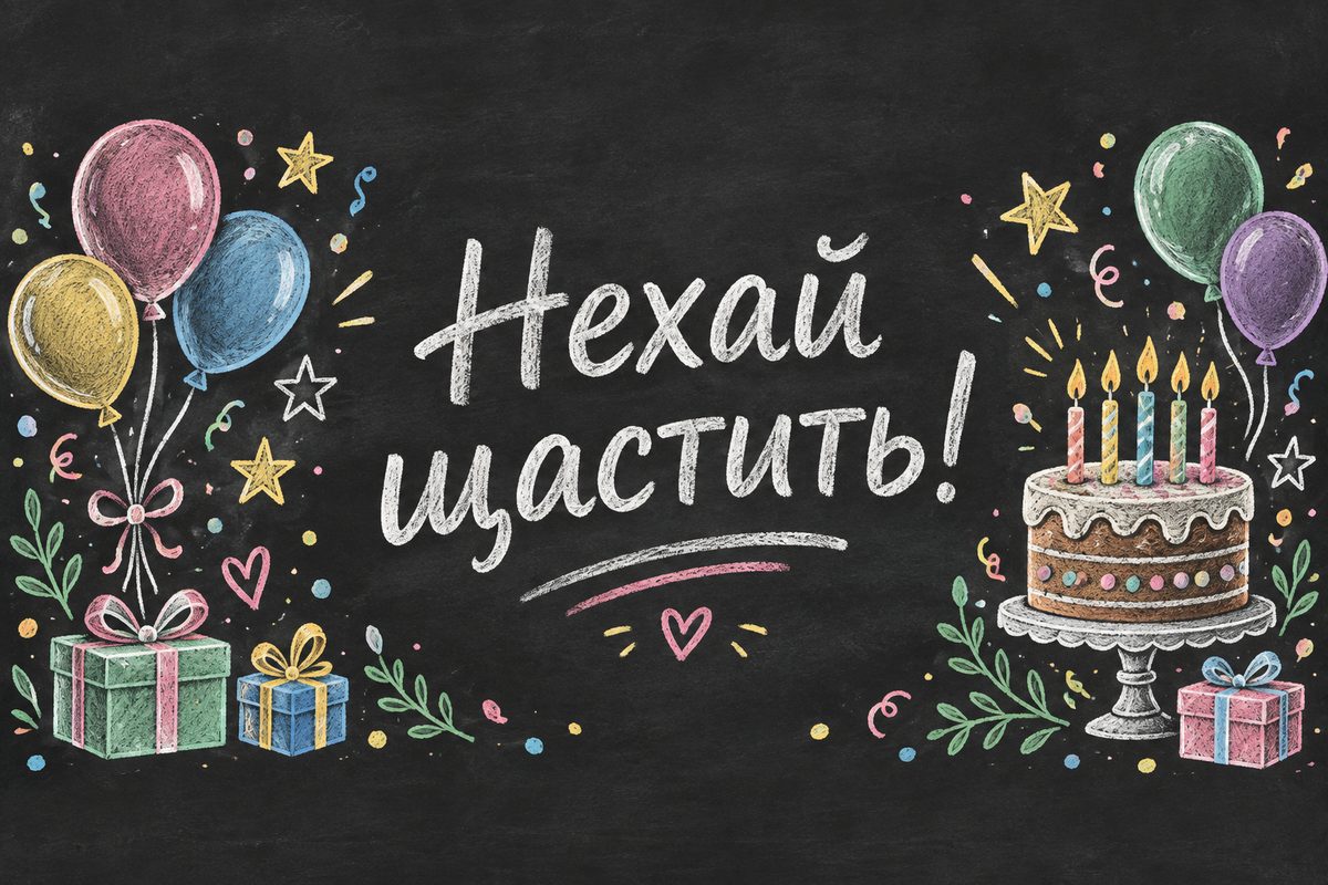 Листівка з днем народження: крейдяний малюнок на дошці, напис «Нехай щастить!»