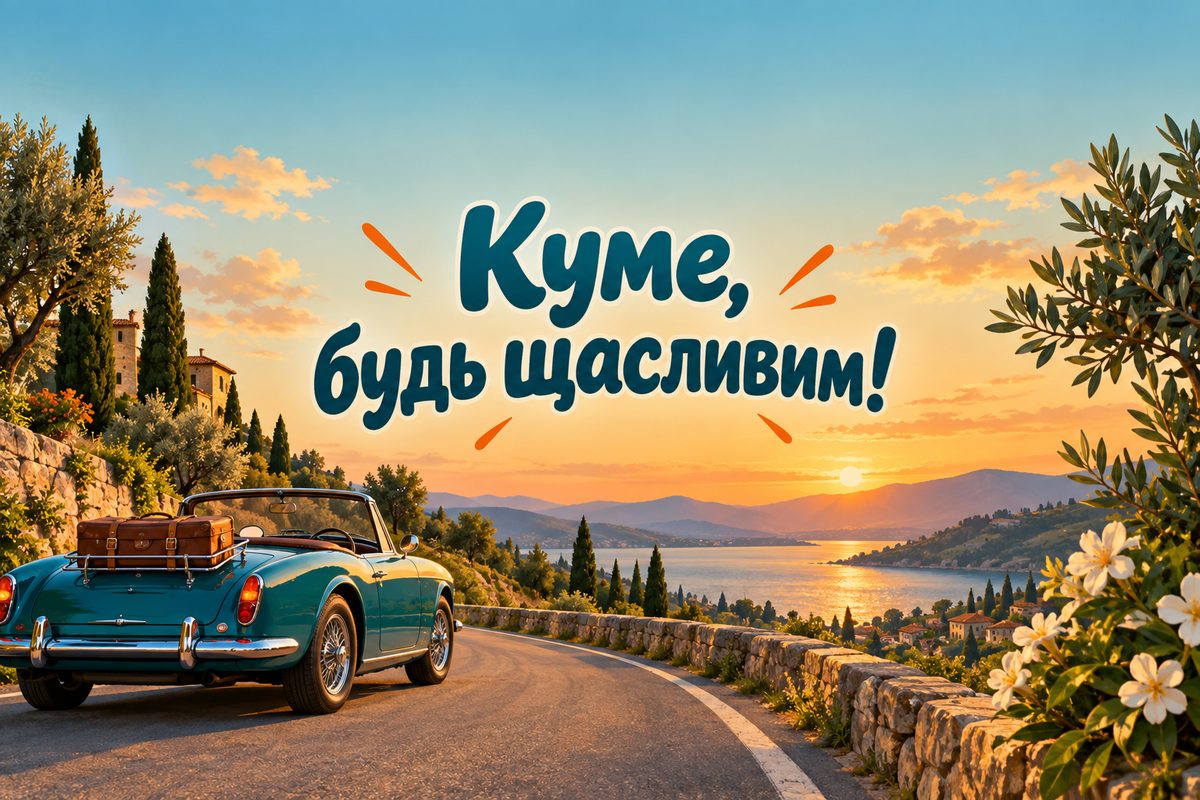 Листівка з днем народження кумі: класичне авто на дорозі, напис «Куме, будь щасливим!»