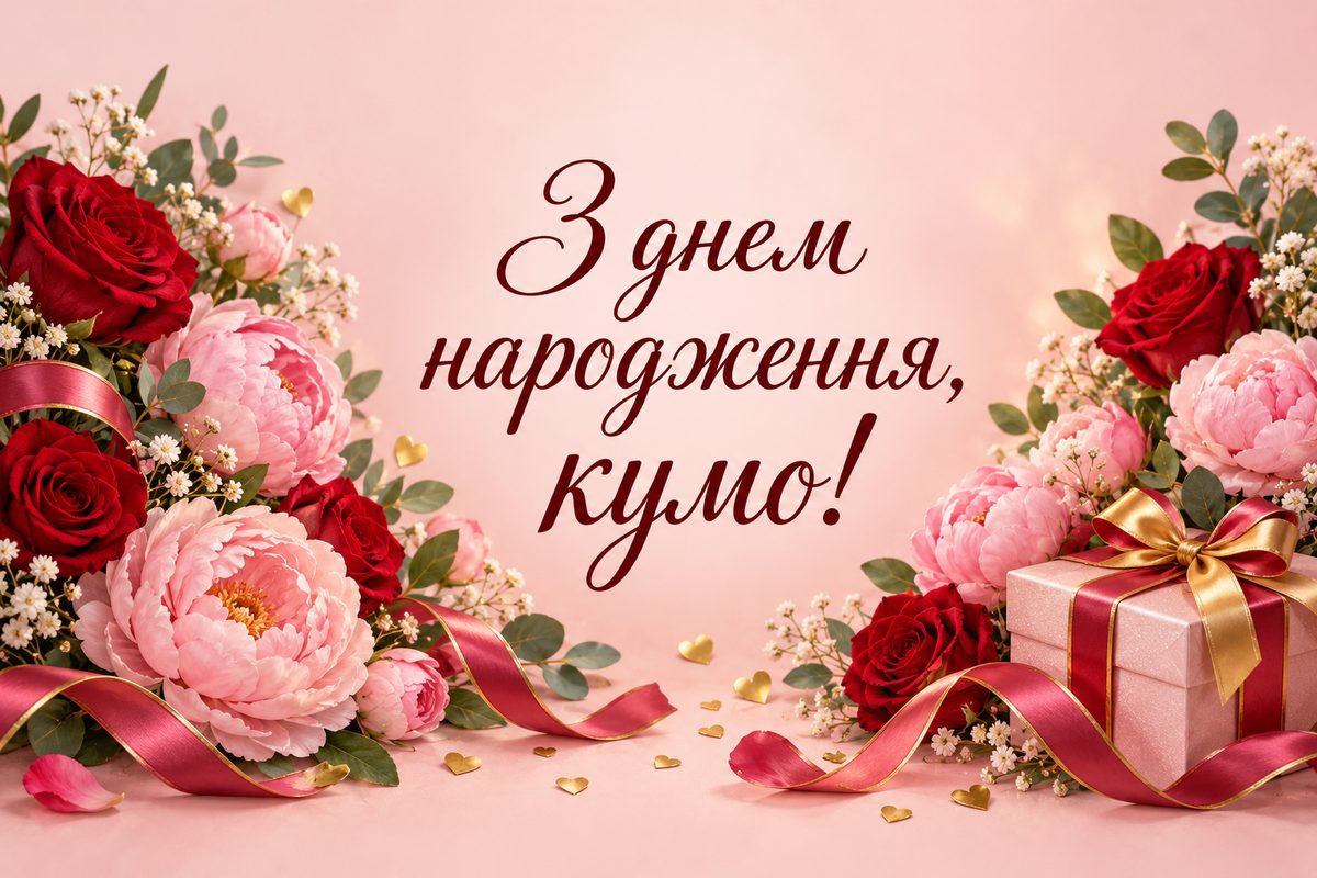 Листівка з днем народження кумі: букет троянд і півоній із подарунком, напис «З днем народження, кумо!»