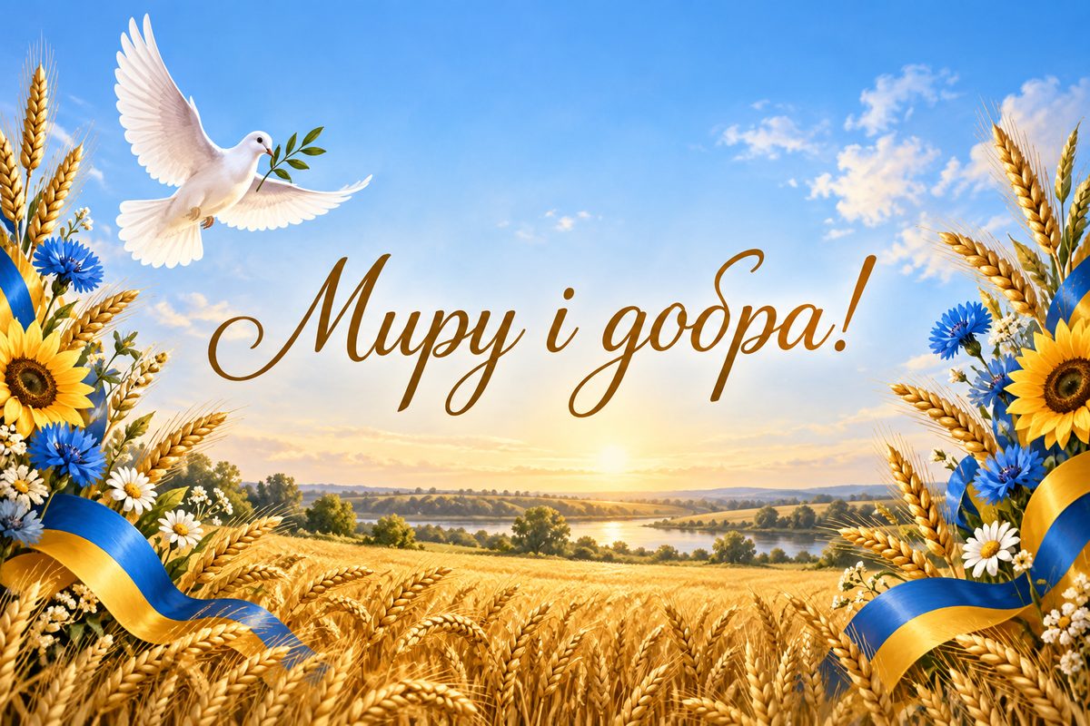 Листівка з днем народження кумі: голуб над пшеничним полем, напис «Миру і добра!»