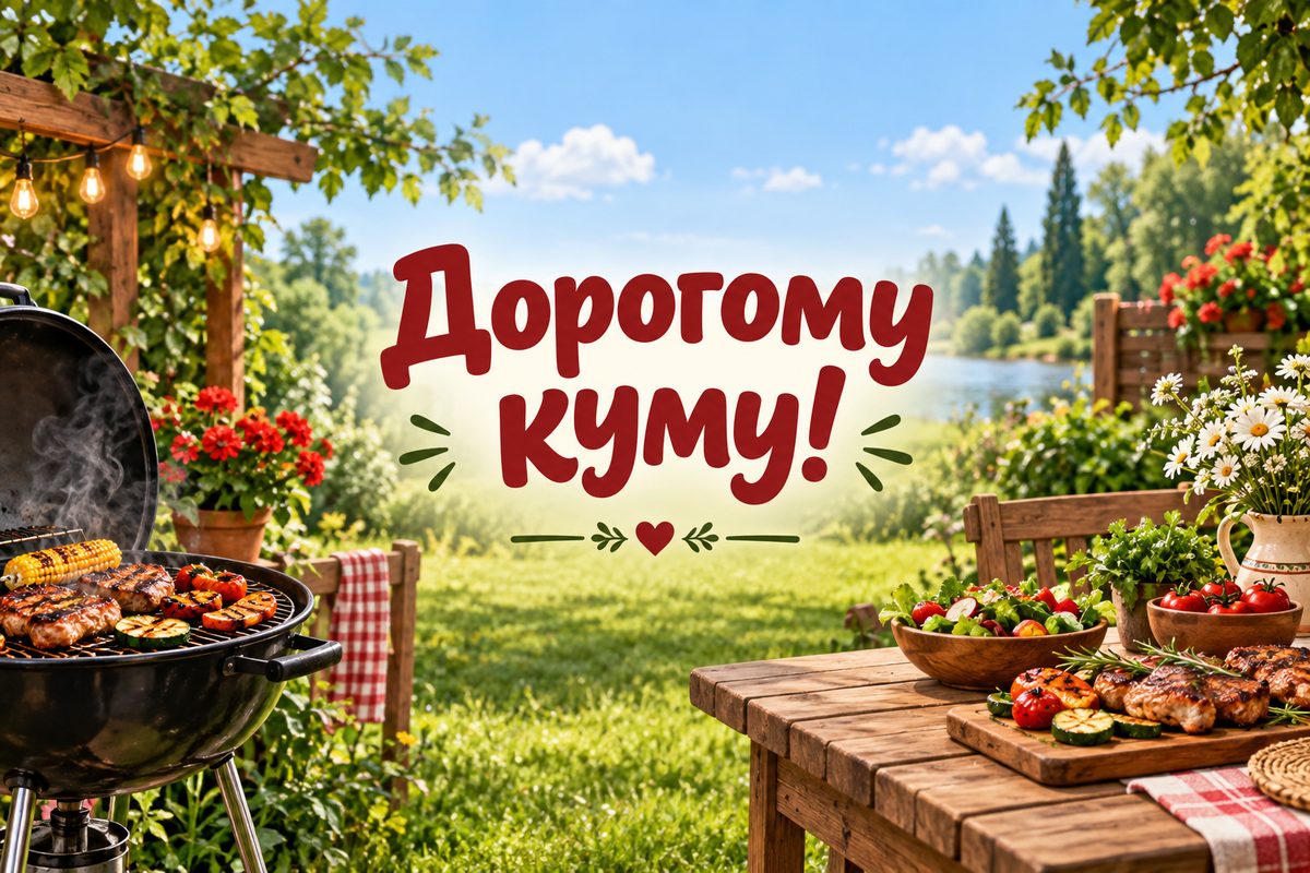 Листівка з днем народження кумі: гриль у зеленому саду, напис «Дорогому куму!»