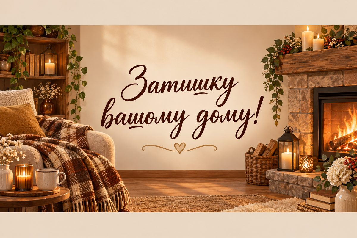 Листівка з днем народження кумі: камін, плед і свічки, напис «Затишку вашому дому!»