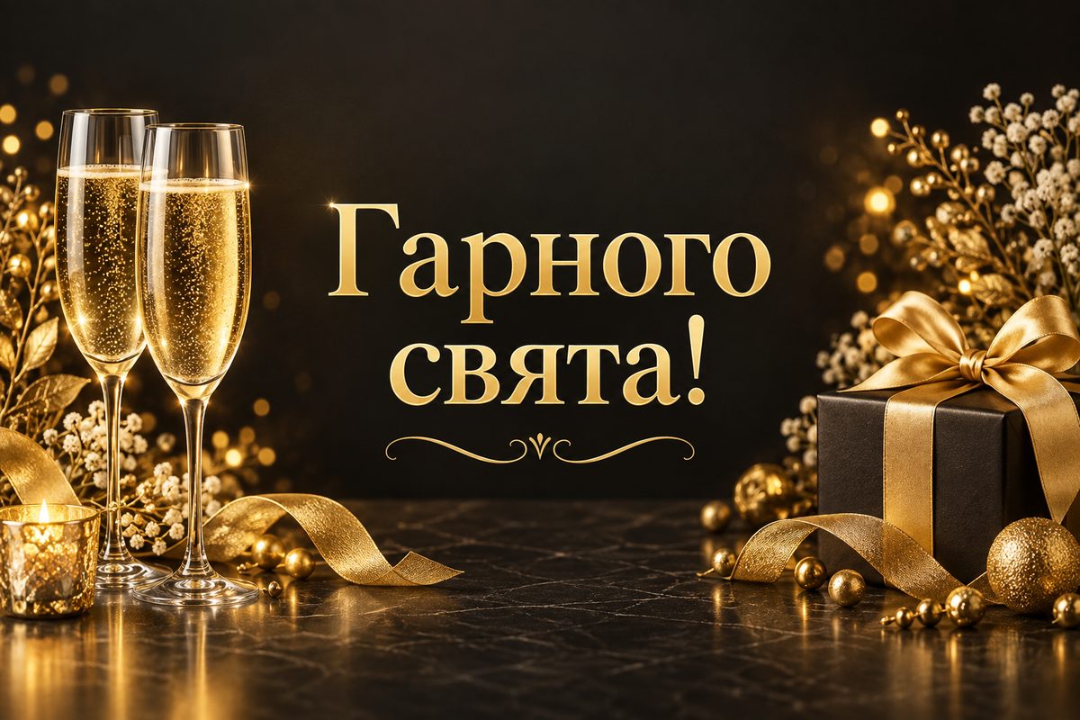 Листівка з днем народження кумі: келихи з іскрами й подарунок, напис «Гарного свята!»