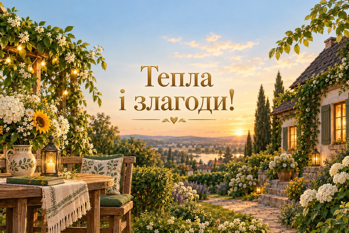 Листівка з днем народження кумі: хата з садом і світлом у вікнах, напис «Тепла і злагоди!»