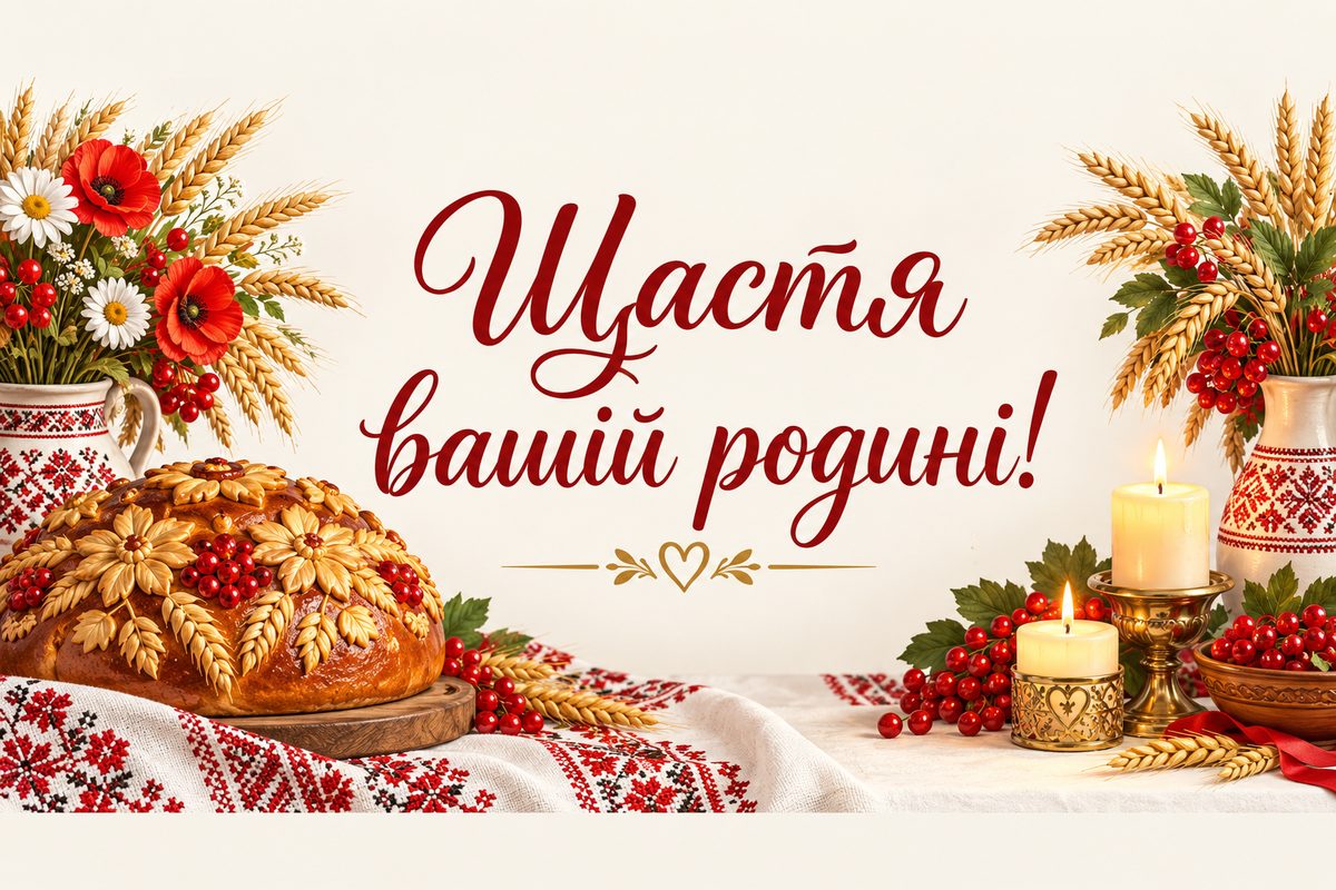 Листівка з днем народження кумі: святковий стіл із короваєм і свічками, напис «Щастя вашій родині!»