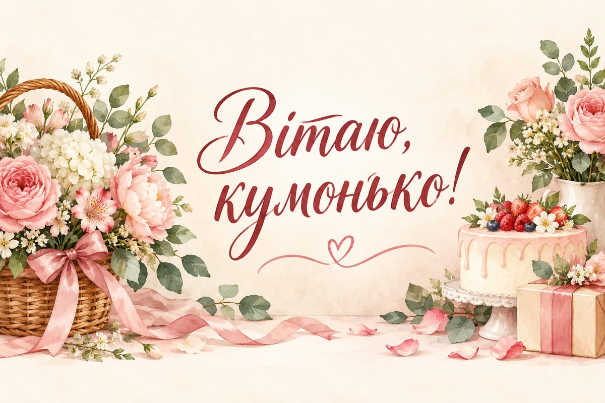 Листівка з днем народження кумі: кошик квітів і тортик, напис «Вітаю, кумонько!»