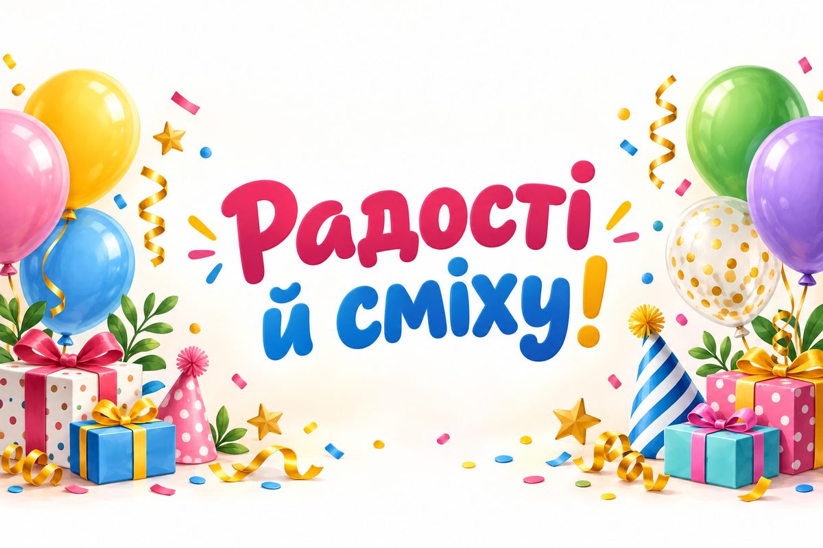 Листівка з днем народження кумі: кульки, конфеті й ковпачки, напис «Радості й сміху!»
