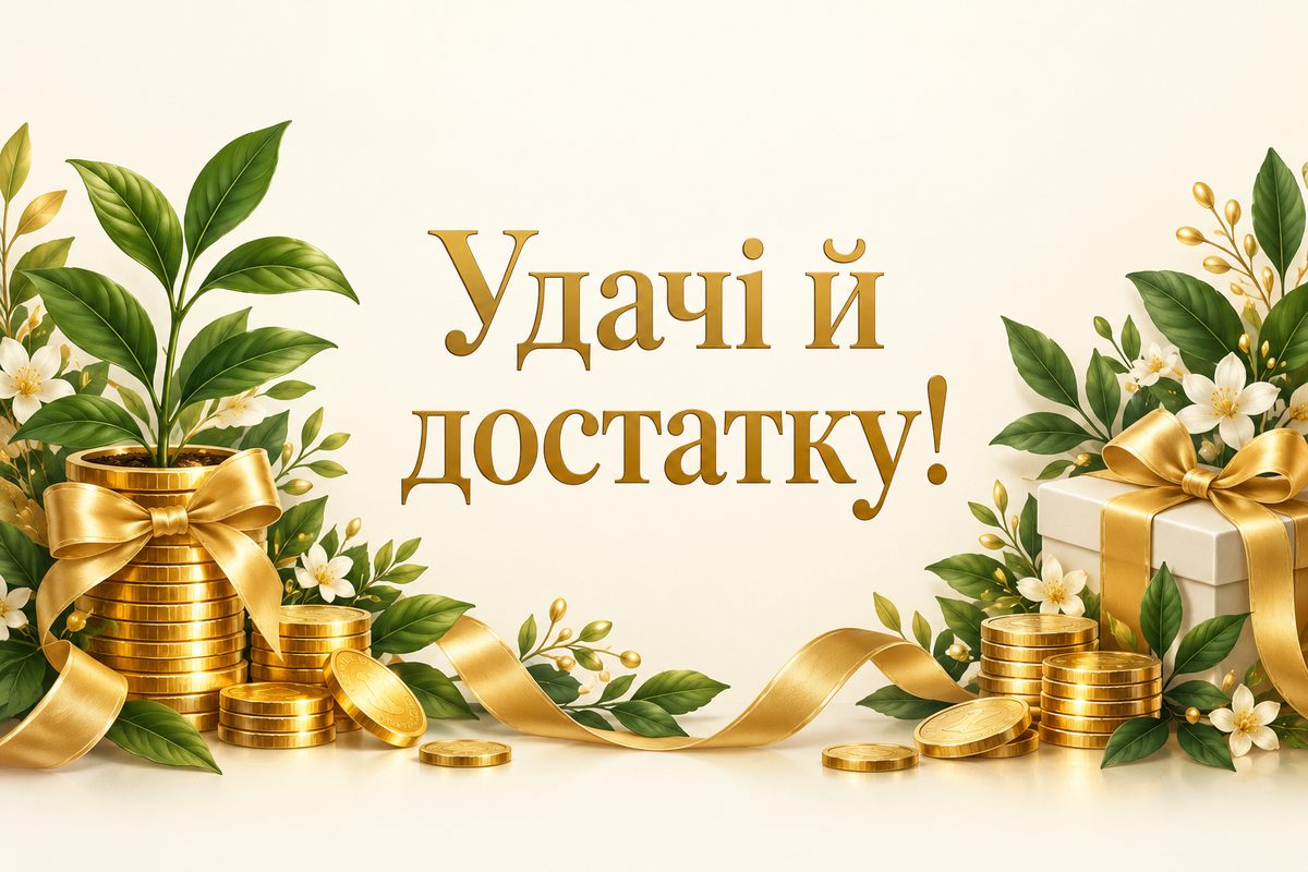 Листівка з днем народження кумі: монети й паросток, напис «Удачі й достатку!»