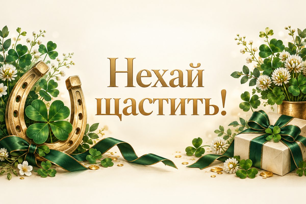 Листівка з днем народження кумі: підкова й конюшина, напис «Нехай щастить!»