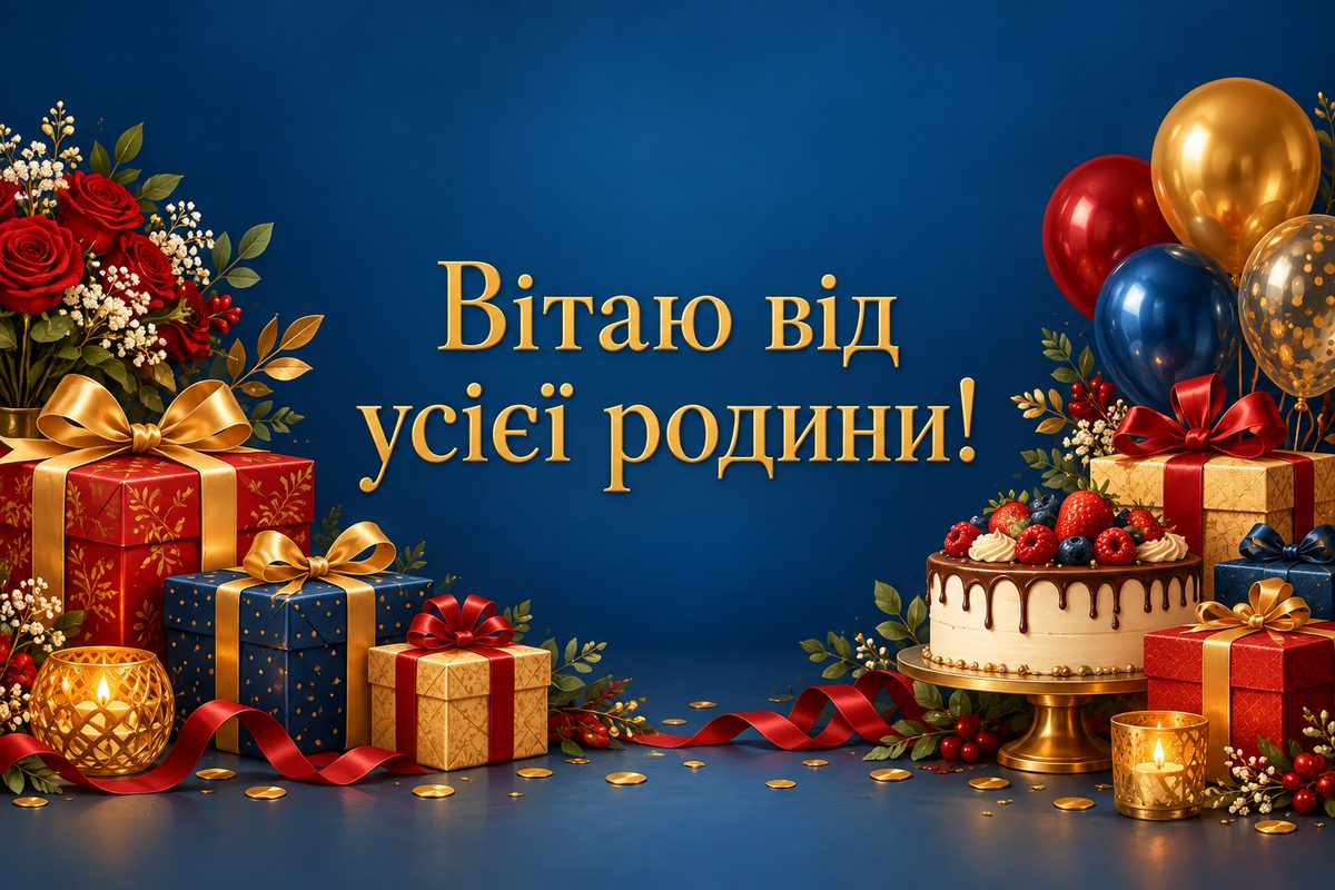 Листівка з днем народження кумі: подарунки й торт від родини, напис «Вітаю від усієї родини!»