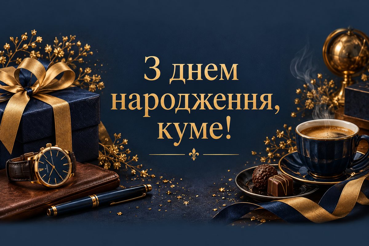 Листівка з днем народження кумі: подарунок, годинник і кава, напис «З днем народження, куме!»