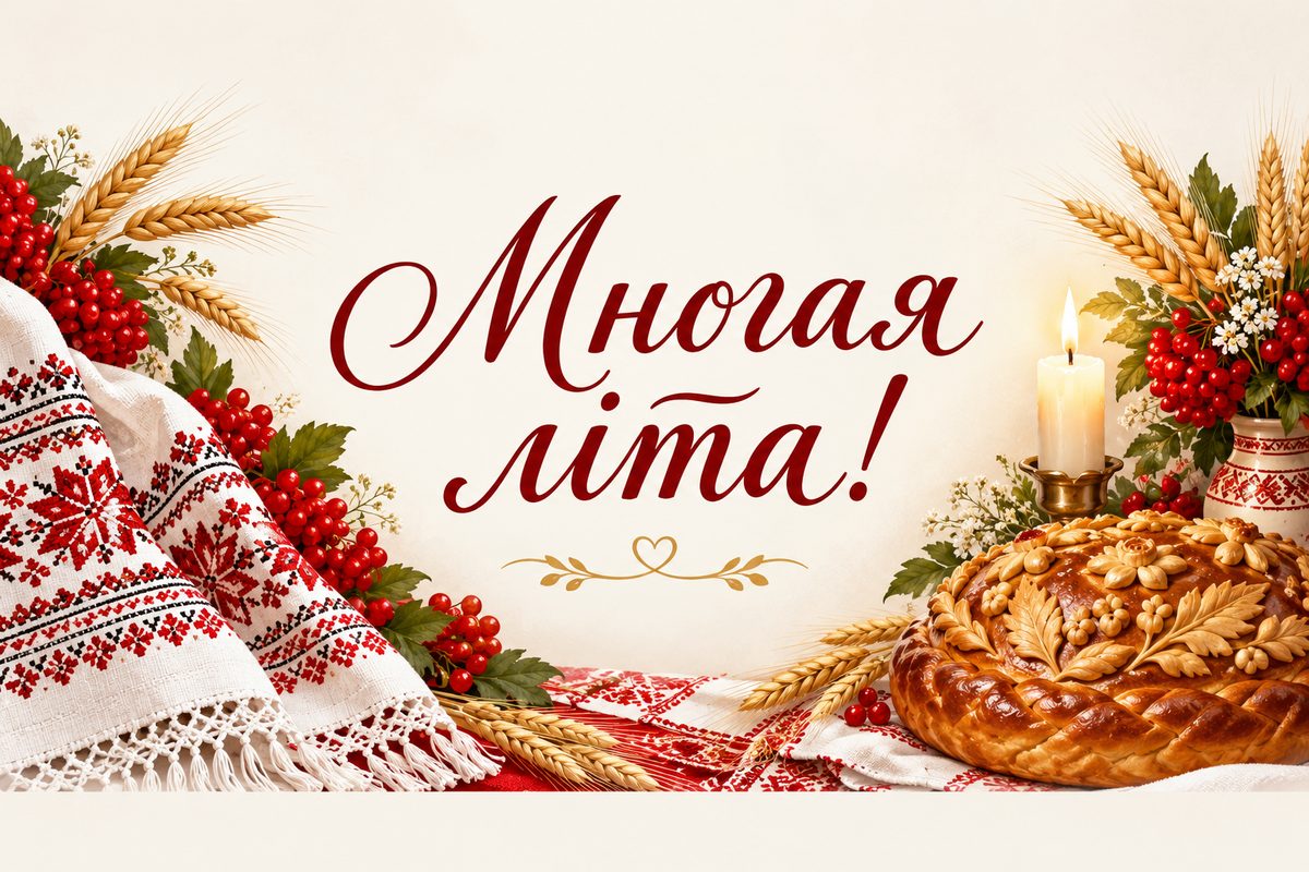 Листівка з днем народження кумі: вишитий рушник, хліб і свічка, напис «Многая літа!»