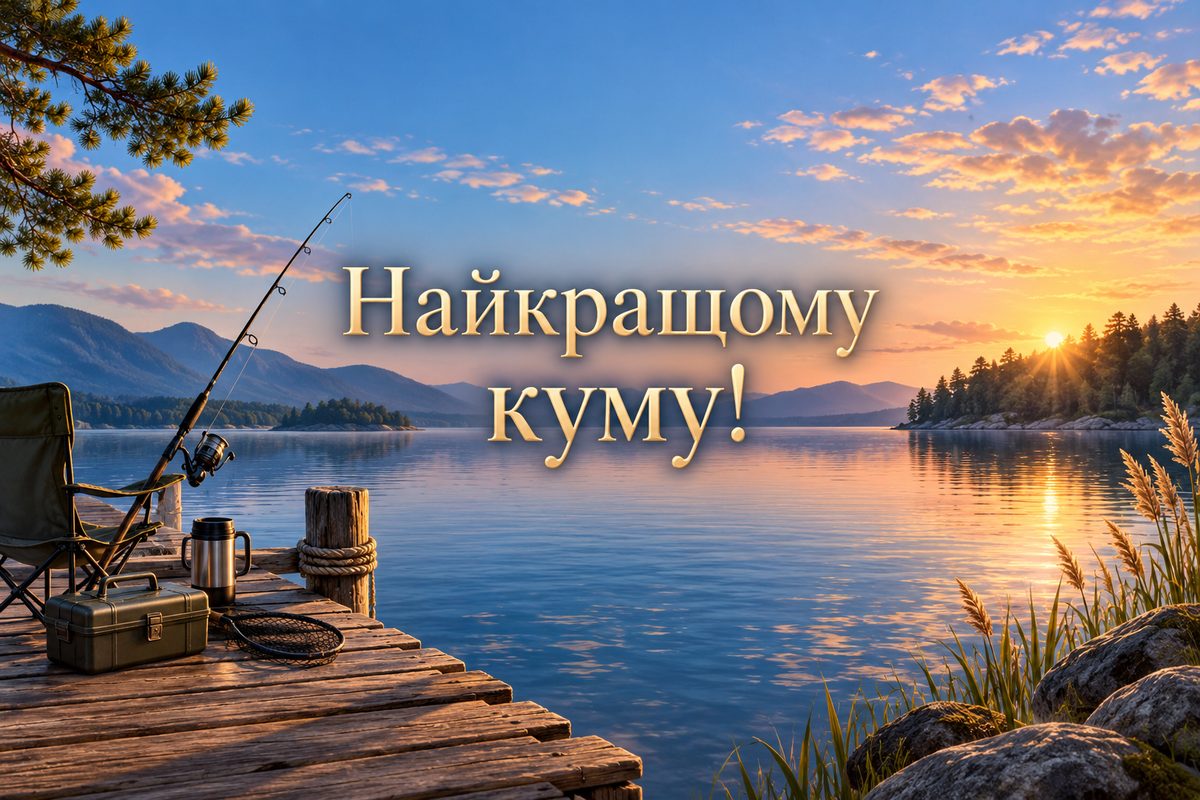 Листівка з днем народження кумі: вудка на причалі на світанку, напис «Найкращому куму!»