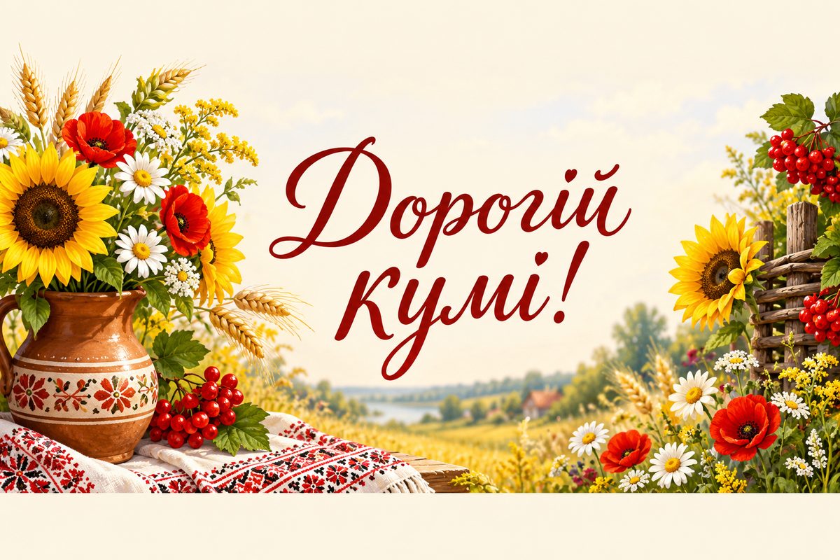Листівка з днем народження кумі: соняшники в глечику на рушнику, напис «Дорогій кумі!»