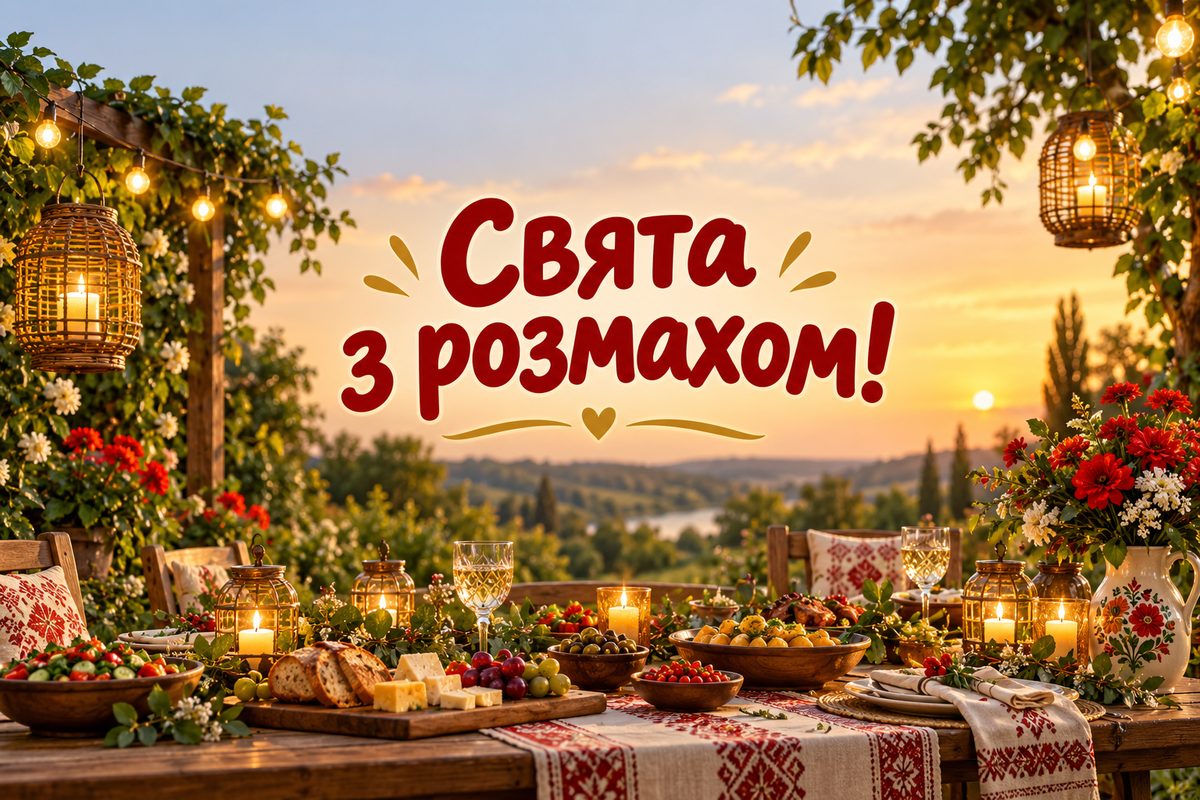 Листівка з днем народження кумі: святковий стіл у саду з вогниками, напис «Свята з розмахом!»