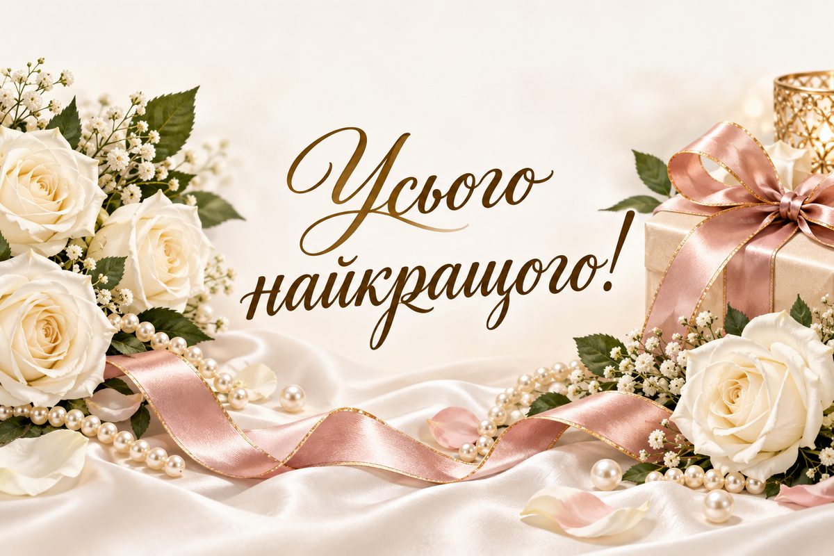 Листівка з днем народження кумі: білі троянди й перли, напис «Усього найкращого!»