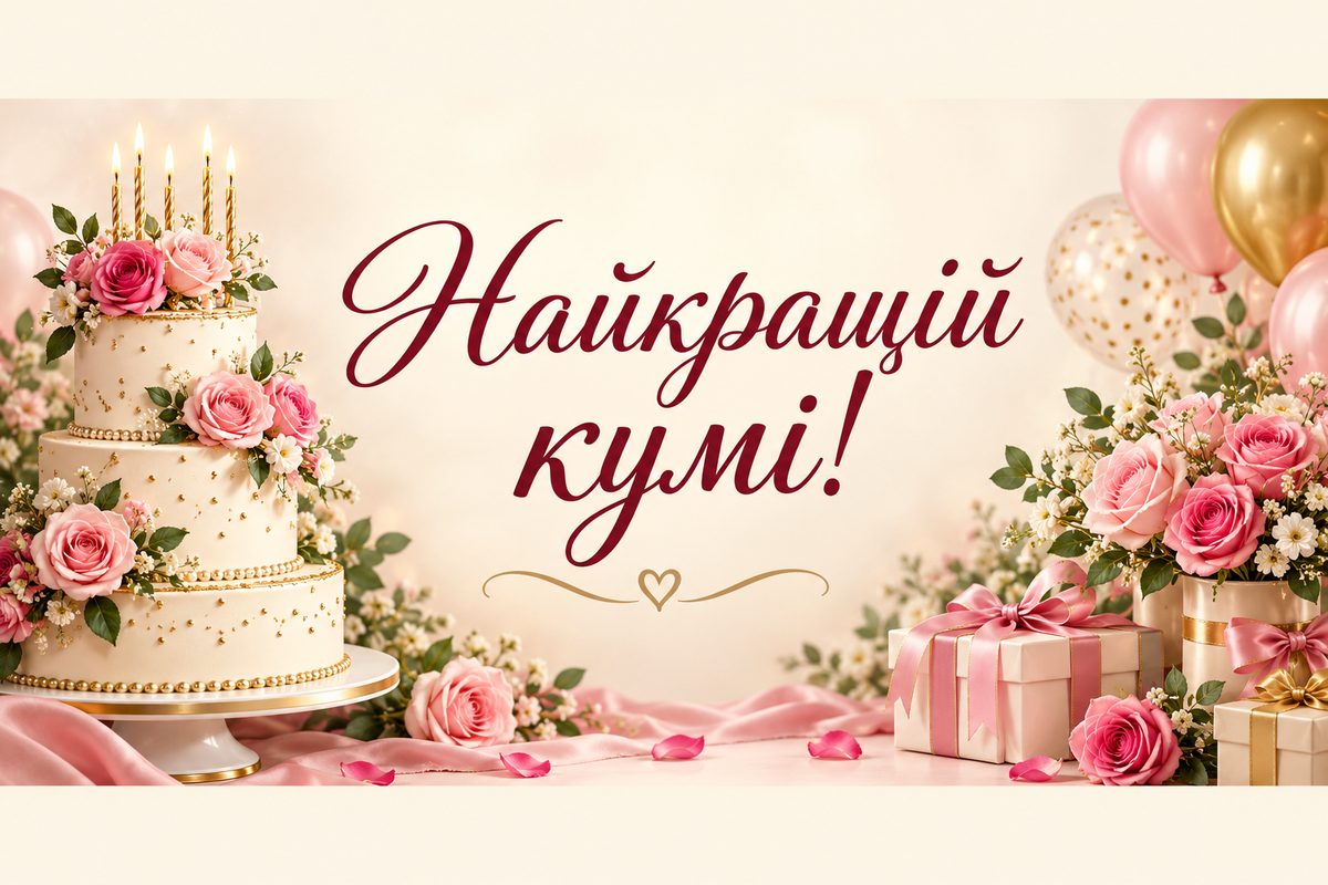 Листівка з днем народження кумі: триярусний торт із трояндами, напис «Найкращій кумі!»