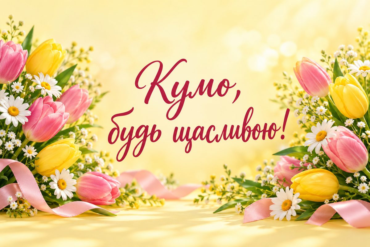 Листівка з днем народження кумі: тюльпани й ромашки на сонці, напис «Кумо, будь щасливою!»