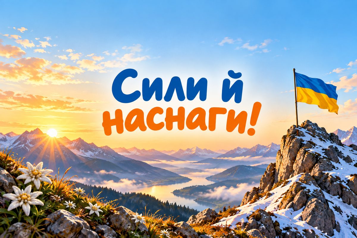 Листівка з днем народження кумі: вершина з прапорцем на світанку, напис «Сили й наснаги!»