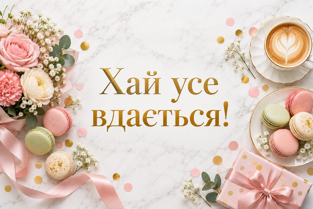 Листівка з днем народження: макаруни, кава й квіти, напис «Хай усе вдається!»