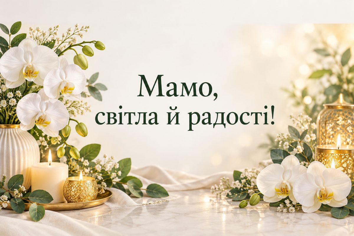 Листівка з днем народження мамі: білі орхідеї й свічки в золотому світлі, напис «Мамо, світла й радості!»