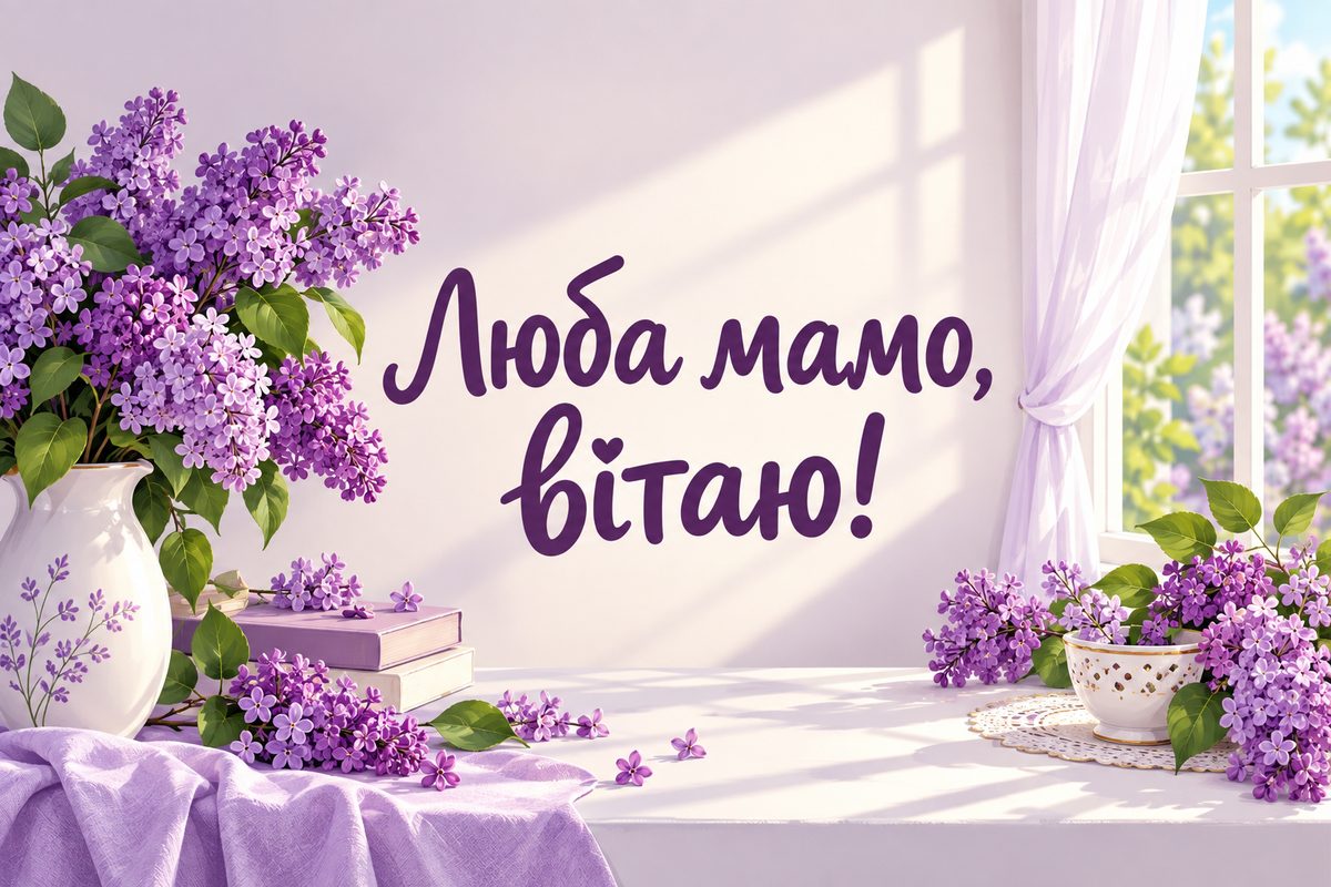 Листівка з днем народження мамі: гілки бузку біля сонячного вікна, напис «Люба мамо, вітаю!»
