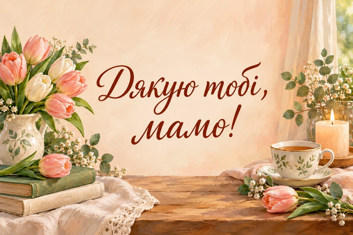 Листівка з днем народження мамі: чашка чаю, свічка й тюльпани, напис «Дякую тобі, мамо!»