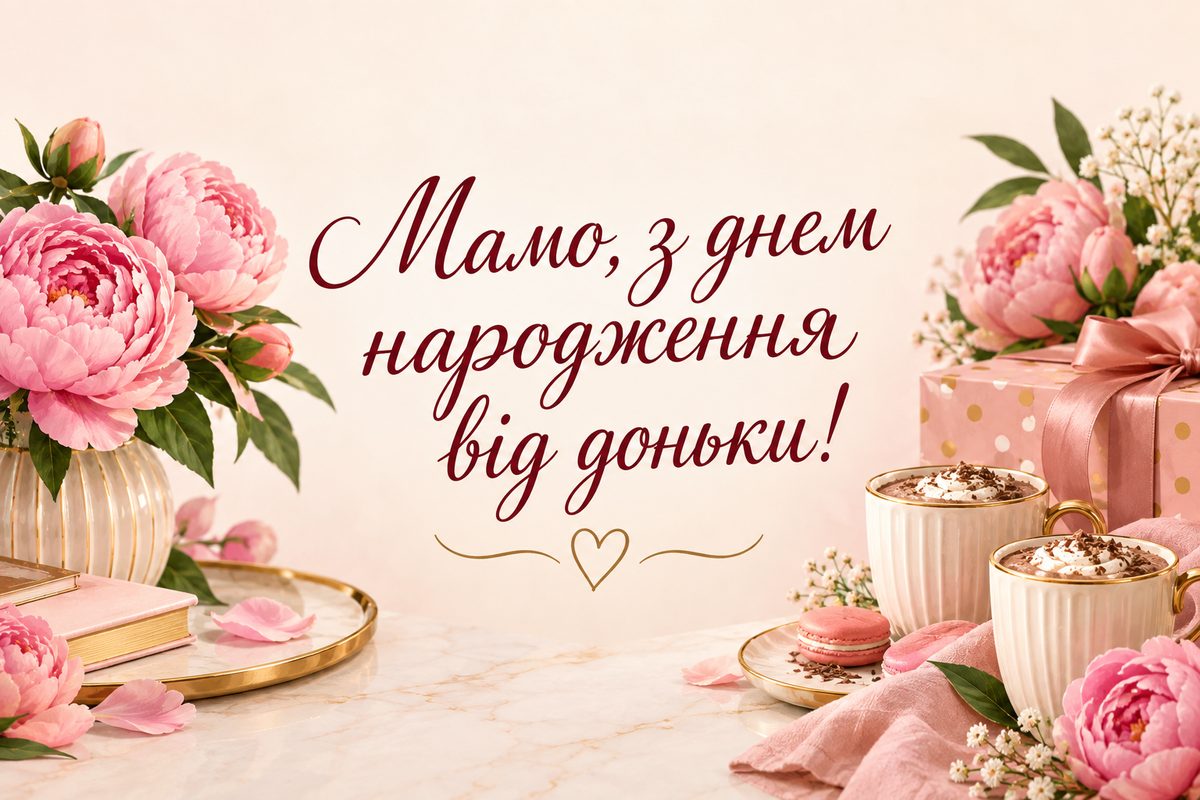 Листівка з днем народження мамі: дві чашки какао, подарунок і півонії, напис «Мамо, з днем народження від доньки!»