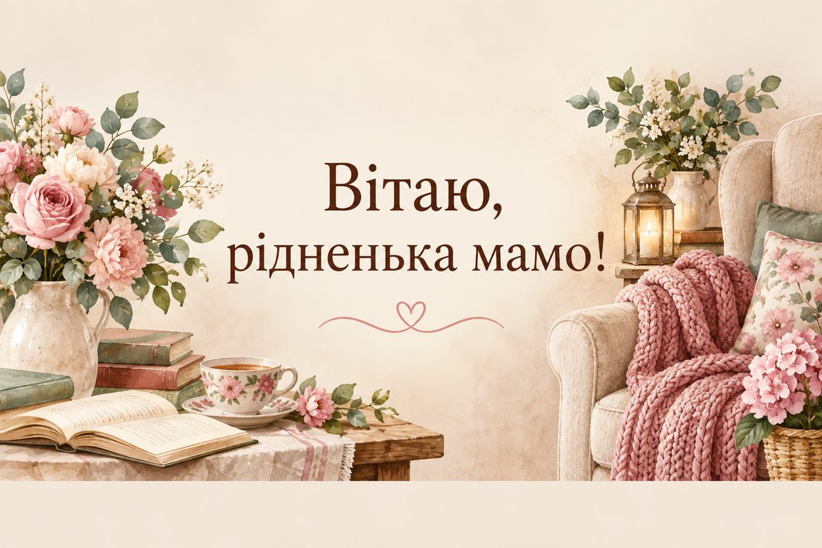 Листівка з днем народження мамі: крісло з вʼязаним пледом, чай і квіти, напис «Вітаю, рідненька мамо!»