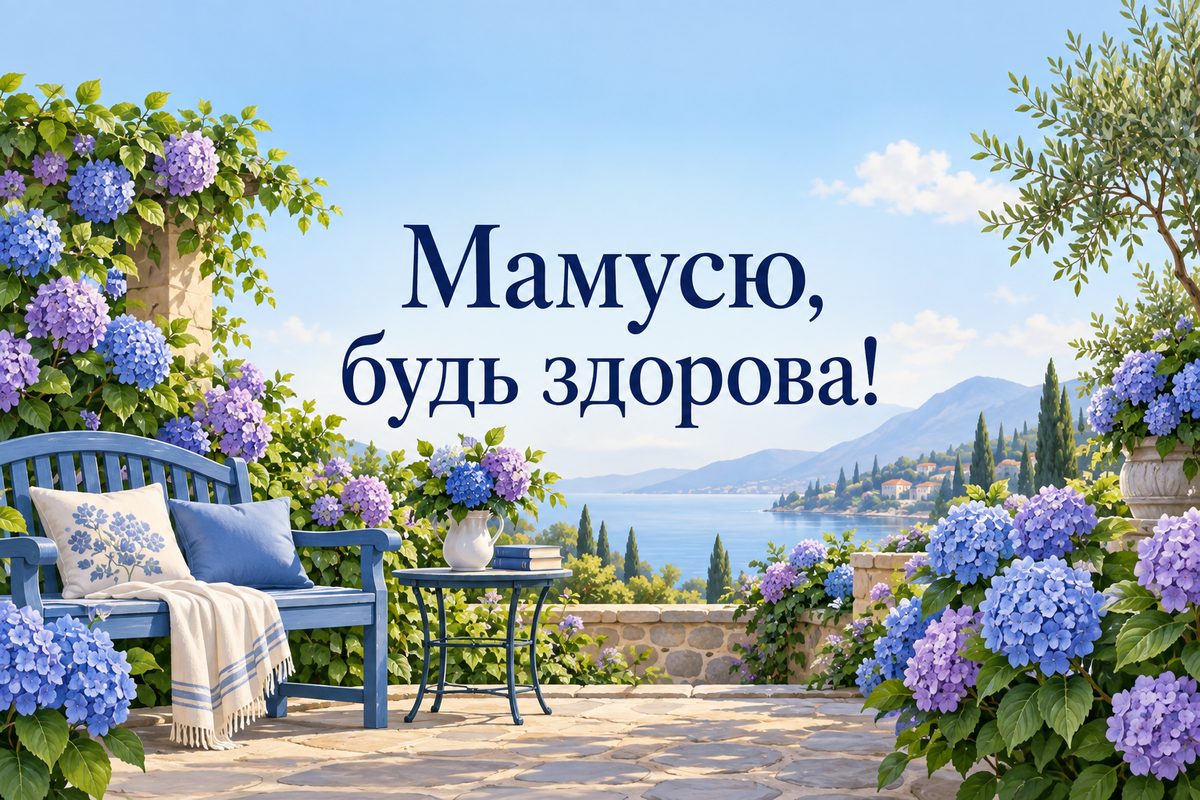 Листівка з днем народження мамі: садова лавка серед гортензій, напис «Мамусю, будь здорова!»