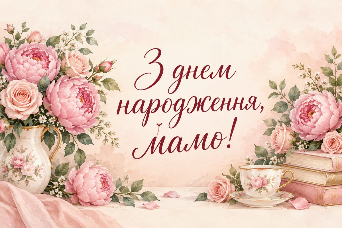 Листівка з днем народження мамі: півонії й троянди в порцеляновому глечику, напис «З днем народження, мамо!»