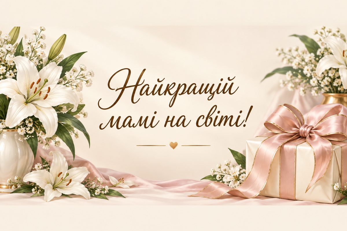 Листівка з днем народження мамі: подарунок з атласним бантом і білі лілії, напис «Найкращій мамі на світі!»