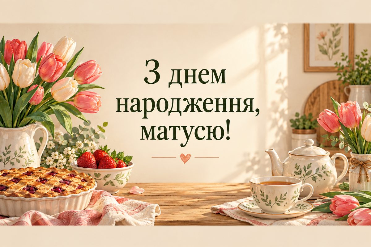 Листівка з днем народження мамі: свіжий пиріг, чай і тюльпани на кухонному столі, напис «З днем народження, матусю!»