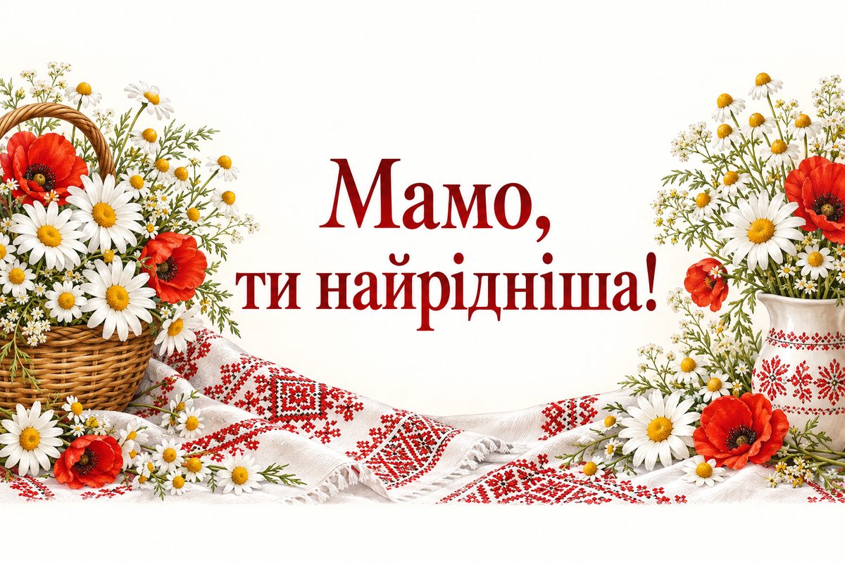 Листівка з днем народження мамі: кошик ромашок на вишитому рушнику, напис «Мамо, ти найрідніша!»