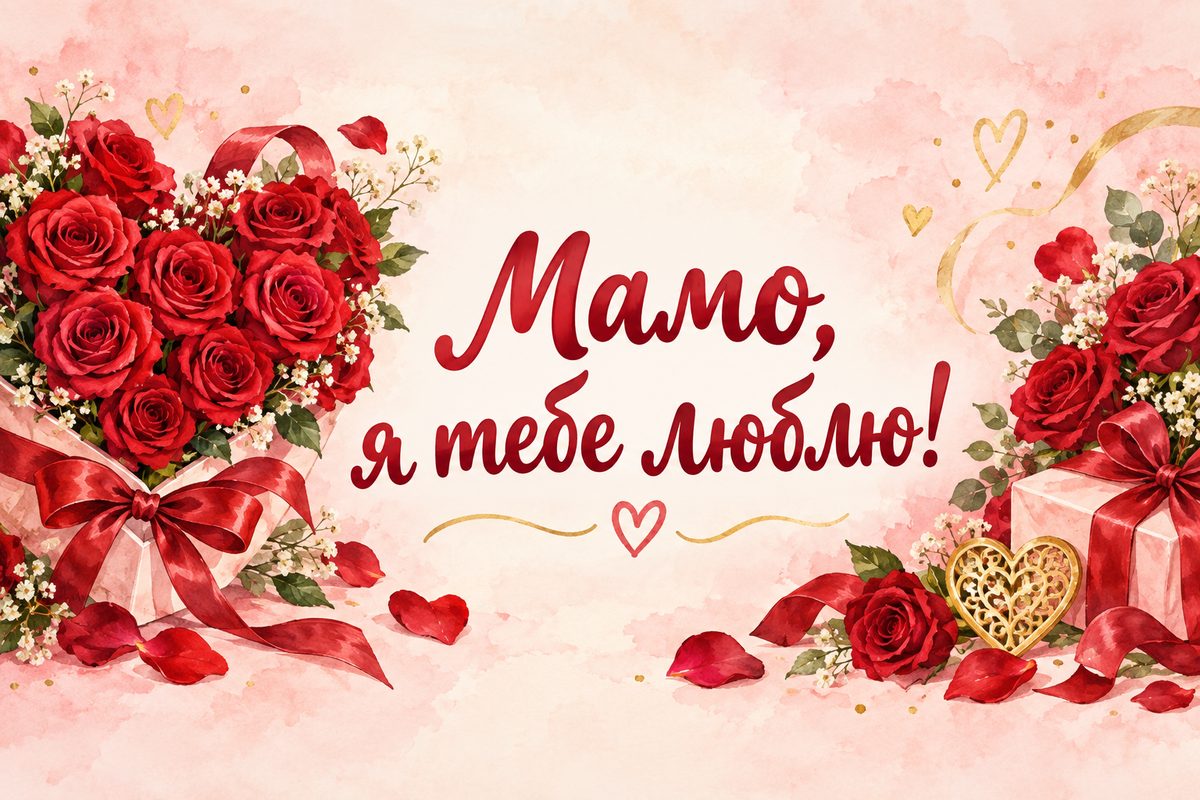 Листівка з днем народження мамі: серце з червоних троянд і пелюстки, напис «Мамо, я тебе люблю!»