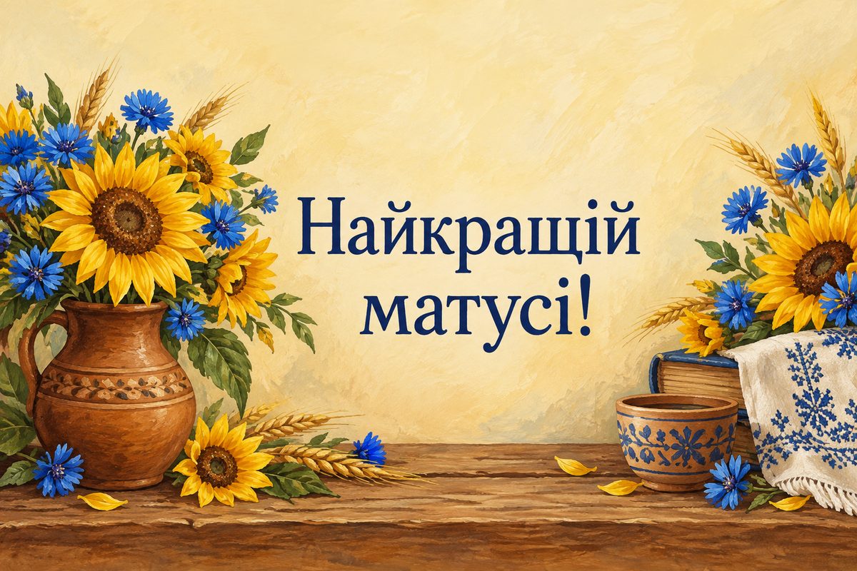 Листівка з днем народження мамі: соняшники й волошки в глиняному глечику, напис «Найкращій матусі!»