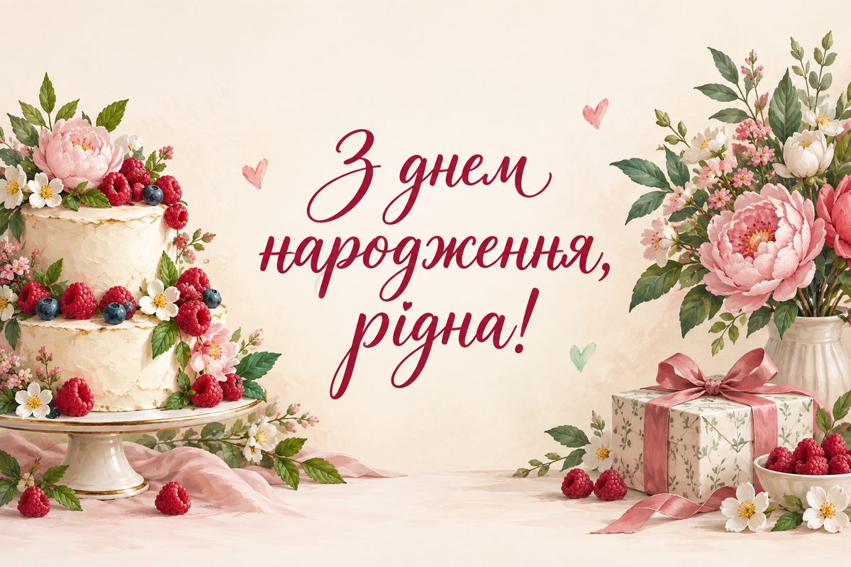 Листівка з днем народження мамі: ярусний торт зі свіжими ягодами й квітами, напис «З днем народження, рідна!»