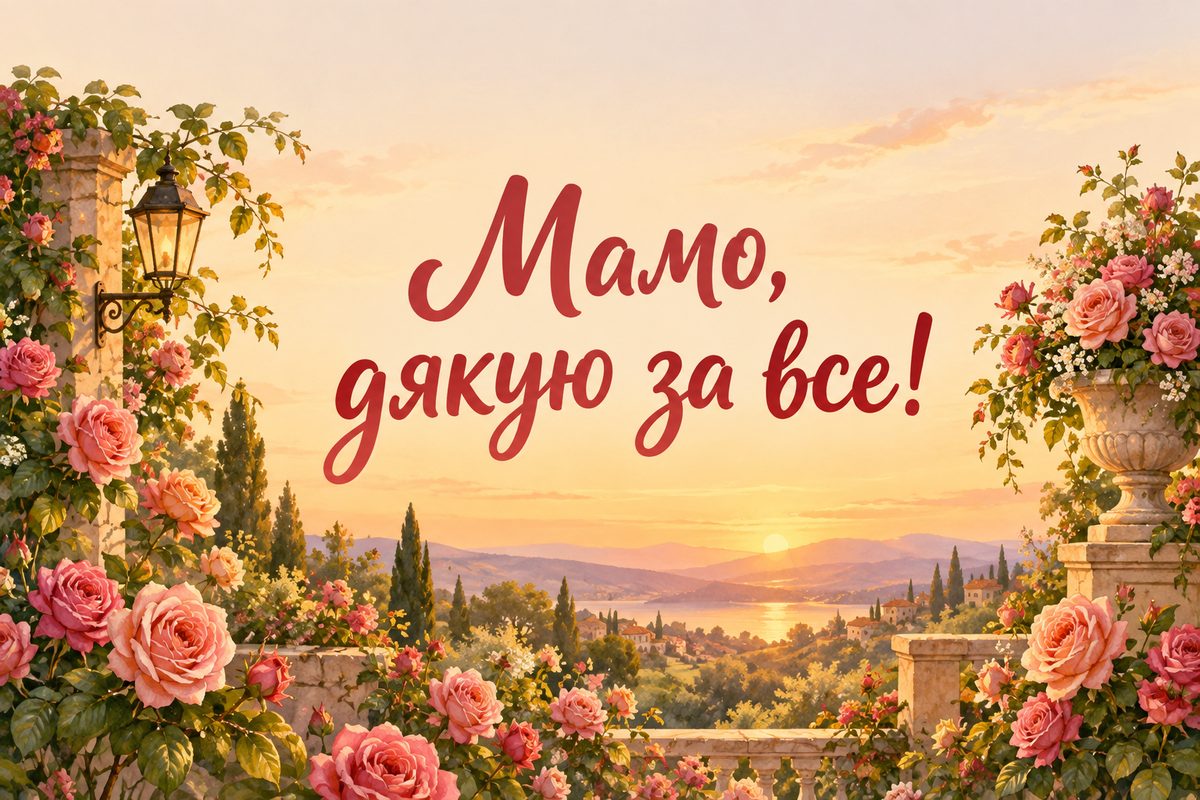 Листівка з днем народження мамі: трояндовий сад на заході сонця, напис «Мамо, дякую за все!»