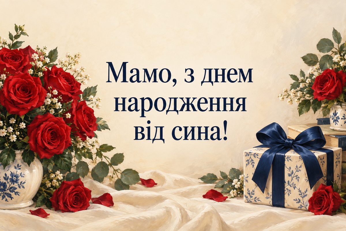 Листівка з днем народження мамі: червоні троянди й подарунок із синьою стрічкою, напис «Мамо, з днем народження від сина!»
