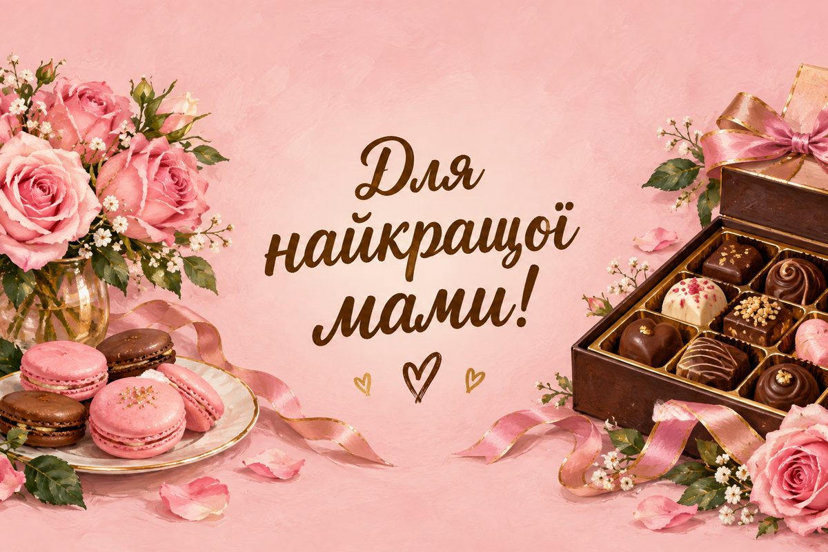 Листівка з днем народження мамі: цукерки, макаруни й рожеві троянди, напис «Для найкращої мами!»